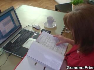 Granny and juveniles teen threesome in the office
